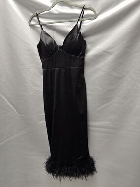 Black Satin Slip Dress with Feather Hem